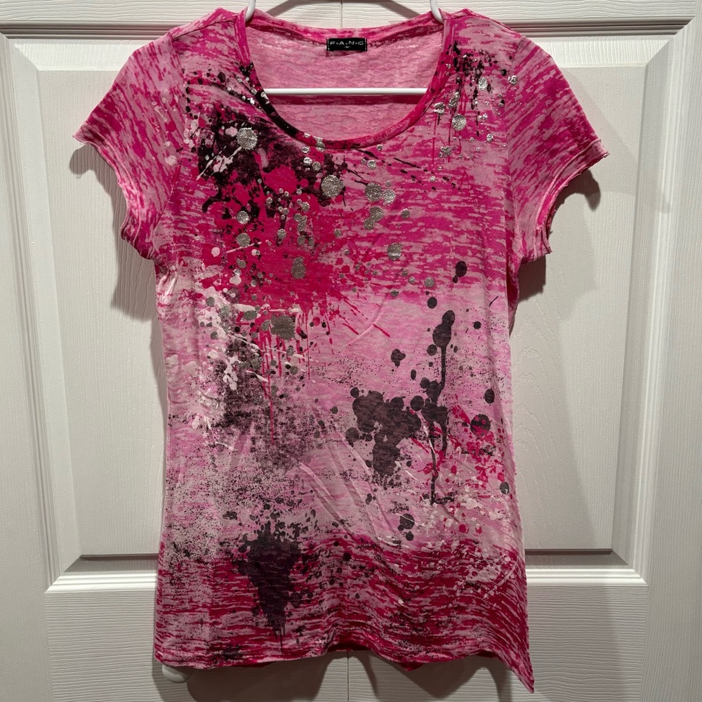 FANG Women’s Metallic Short Sleeve Tee T-Shirt Top - pink / black, size M